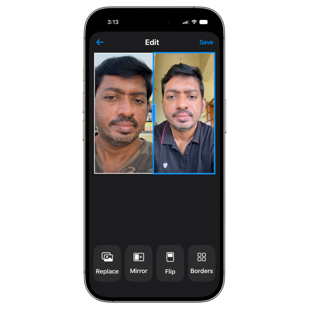 Framio collage editor showing side-by-side photo layout