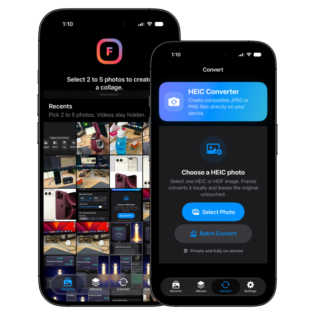 Framio iPhone app showing photo collage creator and HEIC to JPG converter screens